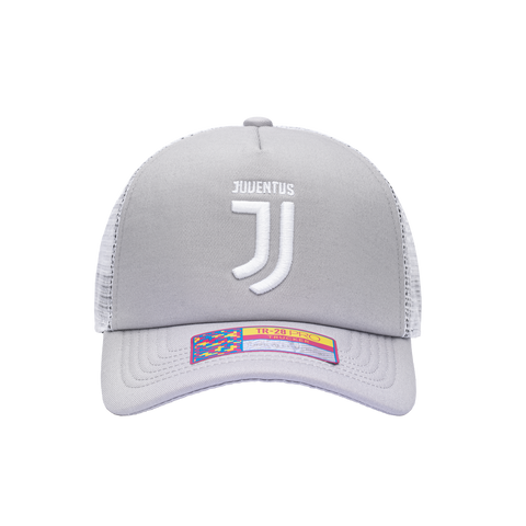 Front view of the Juventus Fog Trucker Hat in Grey/White, with a high crown, curved peak, mesh back and snapback closure.