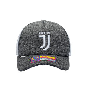 Front view of the Juventus Dribbling Trucker Hat in Grey/White, with a high crown, curved peak, mesh back and snapback closure.