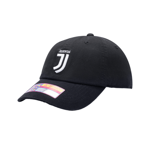 Side view of the Juventus Bambo Classic hat with low unstructured crown, curved peak brim, and buckle closure, in black.