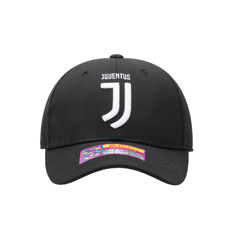Front view of the Juventus Hit Adjustable hat with mid constructured crown, curved peak brim, and slider buckle closure, in Black.
