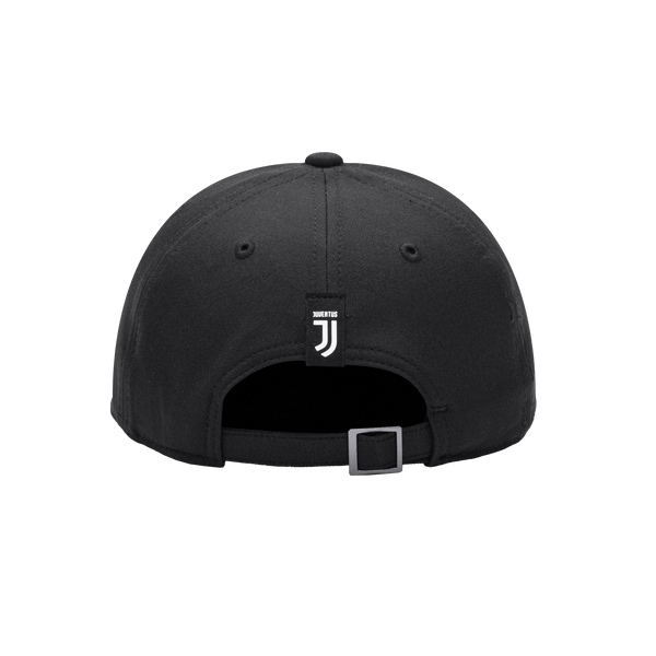 Back view of the Juventus Hit Adjustable hat with mid constructured crown, curved peak brim, and slider buckle closure, in Black.