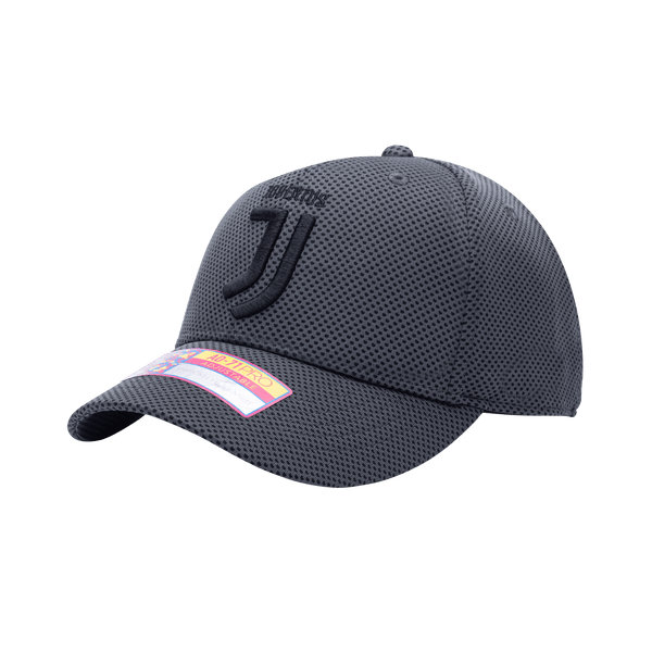 Side view of the Juventus Trophy Adjustable hat with mid constructured crown, curved peak brim, and slider buckle closure, in Dark Grey.