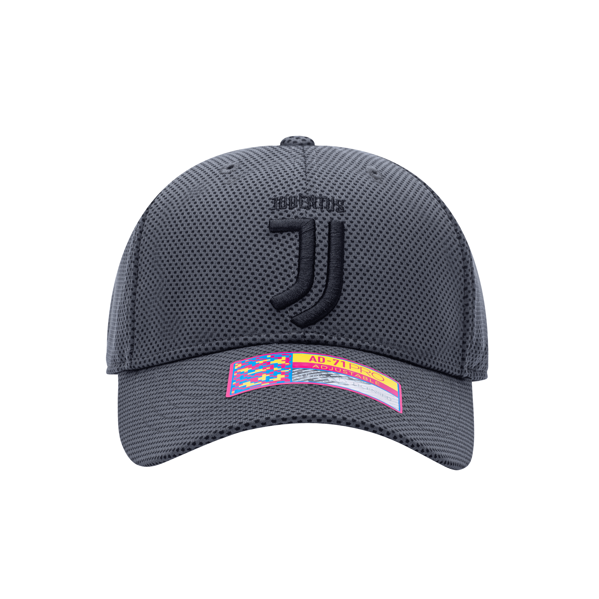 Front view of the Juventus Trophy Adjustable hat with mid constructured crown, curved peak brim, and slider buckle closure, in Dark Grey.