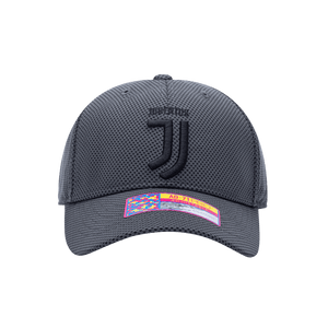 Front view of the Juventus Trophy Adjustable hat with mid constructured crown, curved peak brim, and slider buckle closure, in Dark Grey.