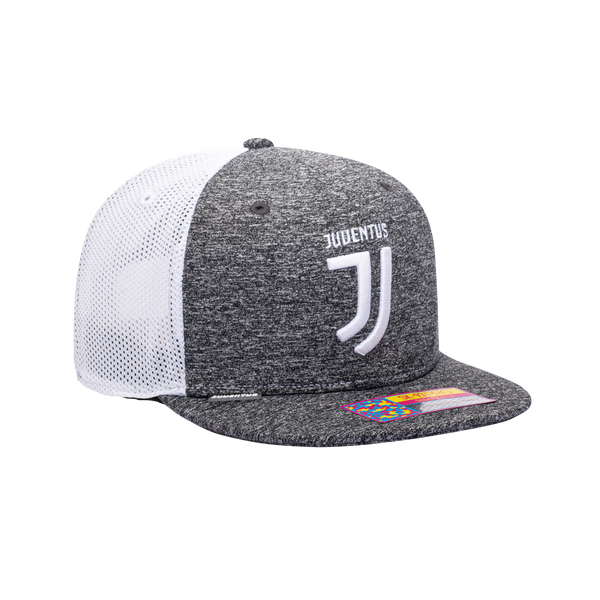 Side view of the Juventus Dribbling Snapback in marled grey with white panel, in a high crown and flat peak.