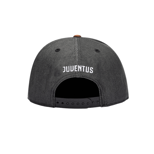 Back view of the Juventus Orion Snapback with high structured crown, flat peak suede-like brim, and snapback closure, in Black/Brown.