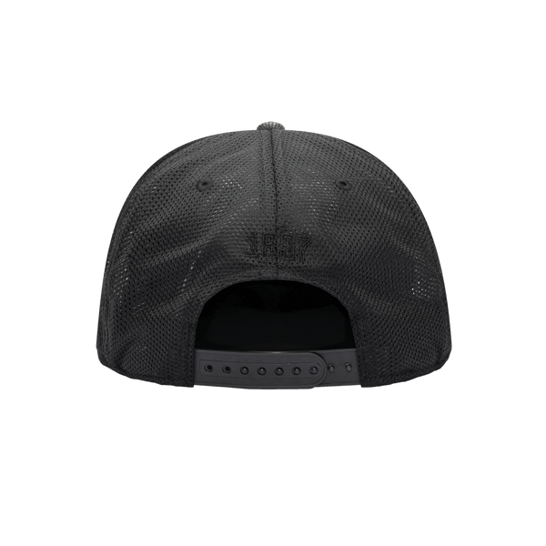 Back view of the Juventus Sherlock Snapback with high structured crown, flat peak brim, and snapback closure, in Grey/Black.