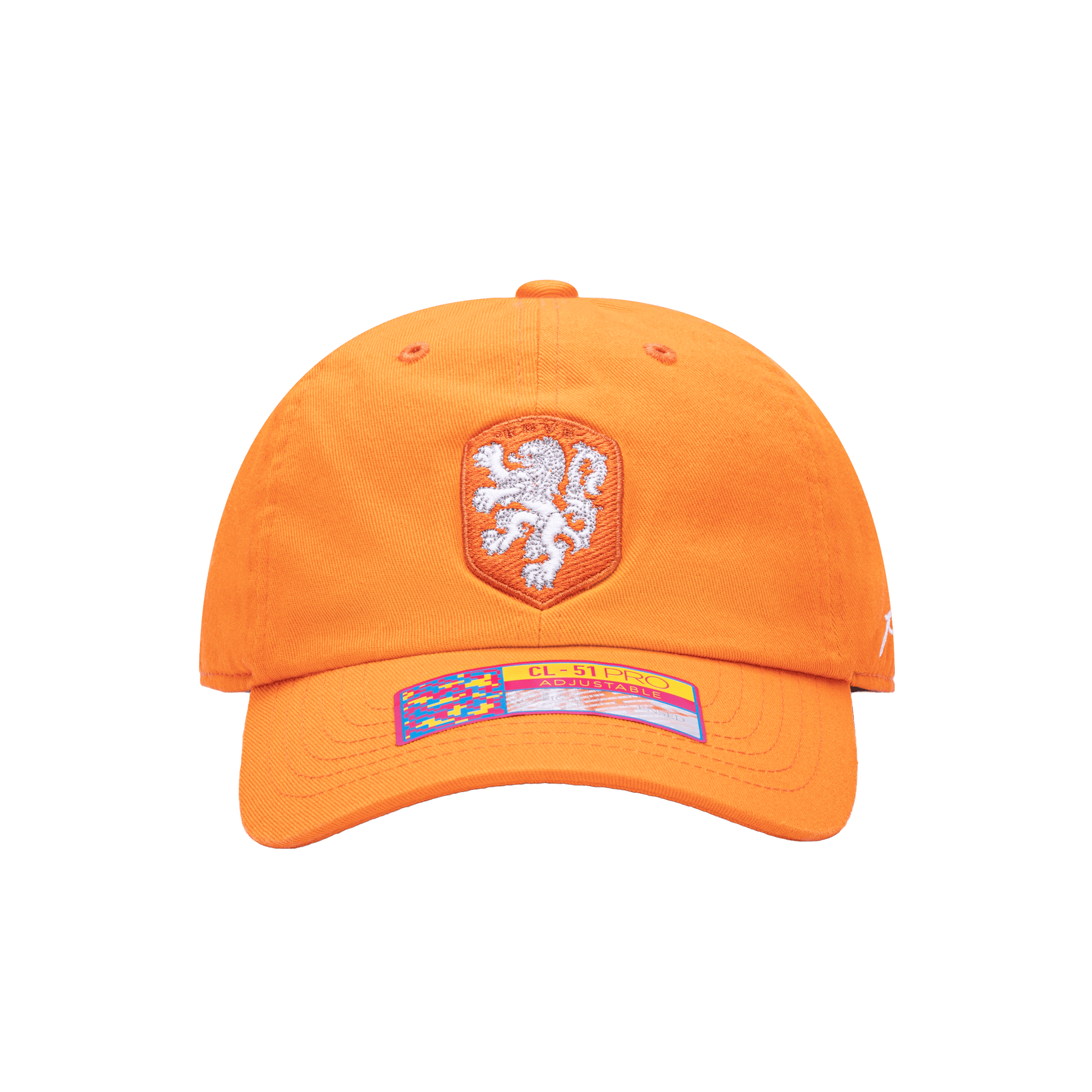 Front view of the Netherlands Bambo Classic hat with low unstructured crown, curved peak brim, and buckle closure, in orange.