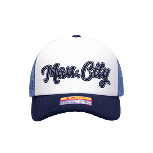 Blue White Manchester City Script Stop Trucker with Navy Bill and Button on top with Blue back panels