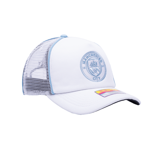 Side view of the Manchester City Cali Day Trucker with mid crown, curved peak, and snapback closure on mesh back, in white.