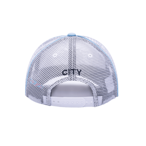 Back view of the Manchester City Cali Day Trucker with mid crown, curved peak, and snapback closure on mesh back, in white.