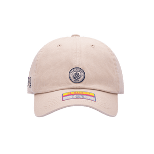 Front view of the Manchester City Safari Classic Adjustable with low crown, curved brim, and adjustable strap, in brown.