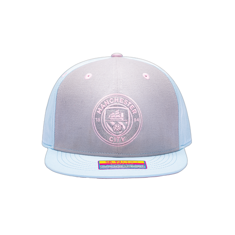 Blue grey pink Manchester City Soft Touch Snapback. Grey front panel, blue back panels and bill