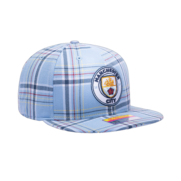 View of right side of Manchester City Hooligan Snapback blue plaid