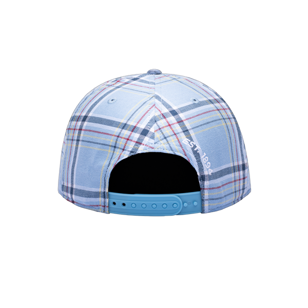 Back side of Manchester City Hooligan Snapback blue plaid with EST. 1894 year the team was founded embroidered on the back