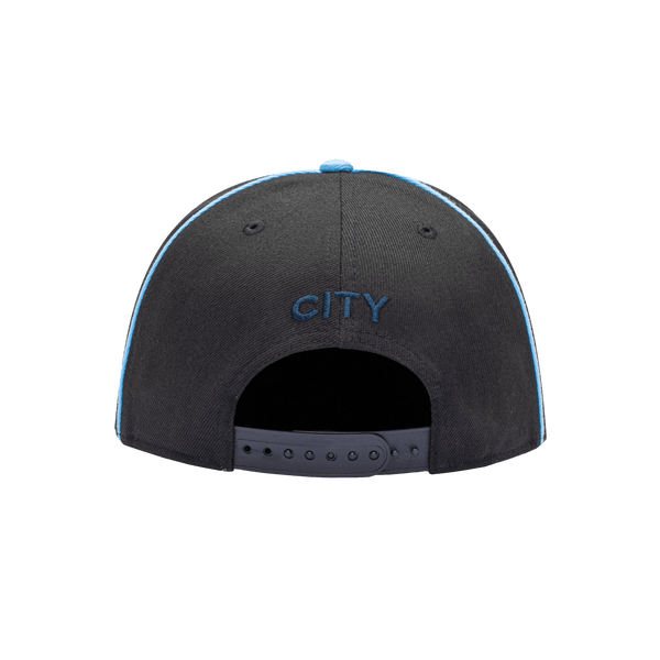 Back view of the Manchester City Cali Night Snapback with high crown, flat peak, and snapback closure, in black/blue.