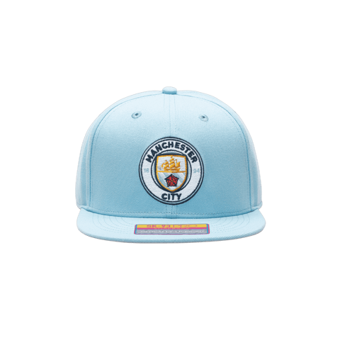 Manchester City Dawn Snapback hat with high crown, flat peak brim, and adjustable snapback closure.