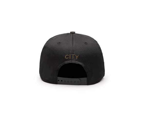 Back view of Manchester City Sherlock Snapback in high structured crown, flat peak brim, adjustable back closure, in Grey/Black