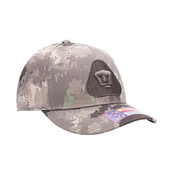 Side view of the Pumas Sweeper Adjustable hat with mid constructured crown, curved peak brim, and slider buckle closure, in brown camo print.