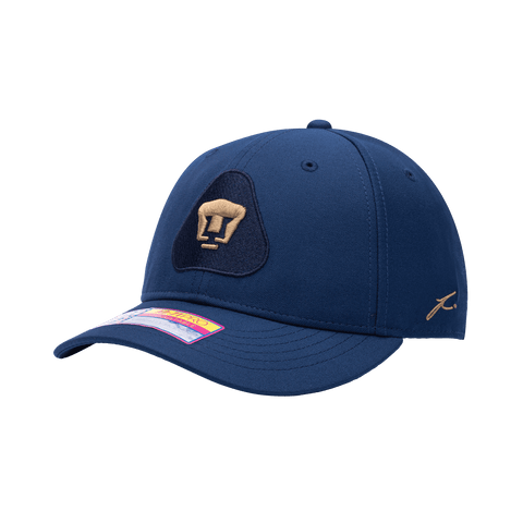 Side view of the Pumas Standard Adjustable hat with mid constructured crown, curved peak brim, and slider buckle closure, in Navy.