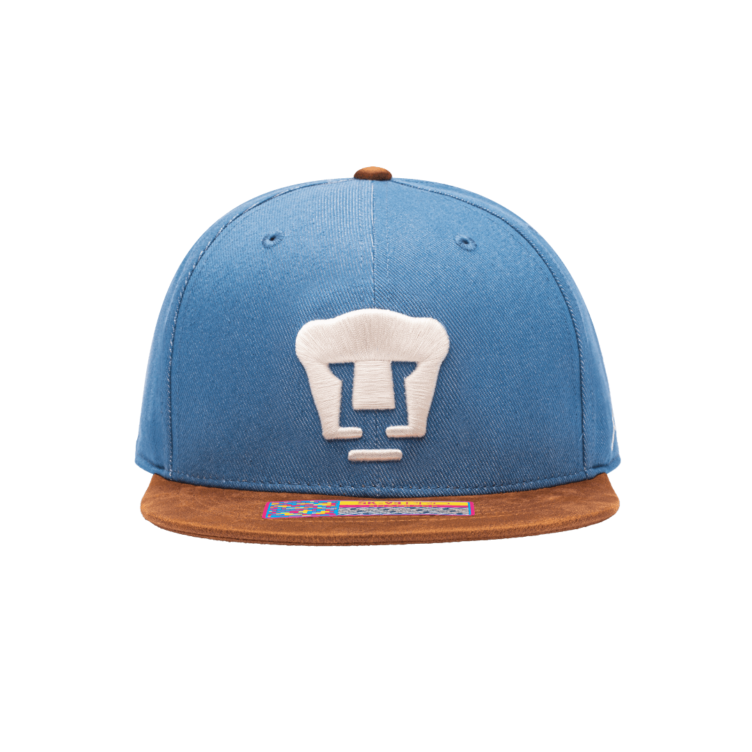 Blue Pumas Orion Snapback with brown bill and button on top