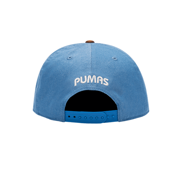 Back view of Pumas Orion Snapback with PUMAS team name embroidered on the back