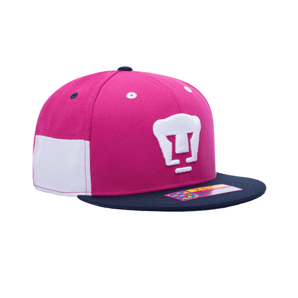 Side view of the Pumas Truitt Snapback with high crown, flat peak, and snapback closure, in Pink/White.