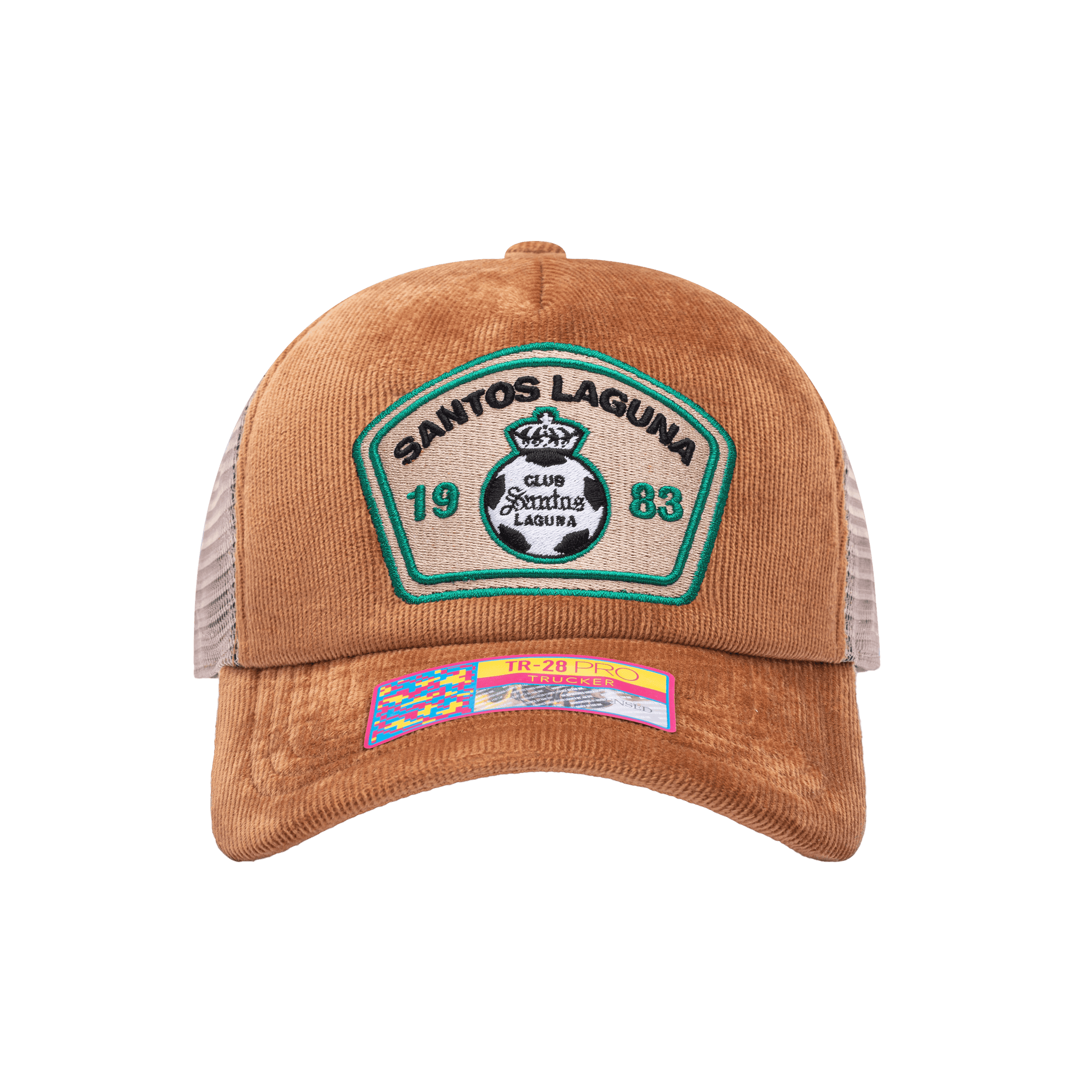 Front view of the Santos Laguna Camionero Trucker with high crown, curved peak, and snapback closure on mesh back, in brown.