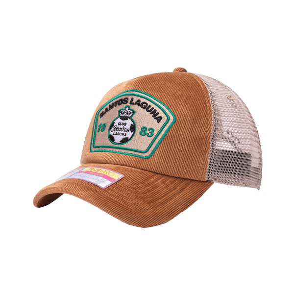 Side view of the Santos Laguna Camionero Trucker with high crown, curved peak, and snapback closure on mesh back, in brown.