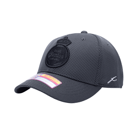 Side view of the Santos Laguna Trophy Adjustable hat with mid constructured crown, curved peak brim, and slider buckle closure, in Dark Grey.