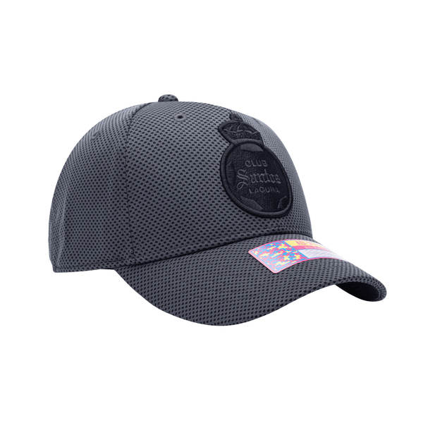 Side view of the Santos Laguna Trophy Adjustable hat with mid constructured crown, curved peak brim, and slider buckle closure, in Dark Grey.