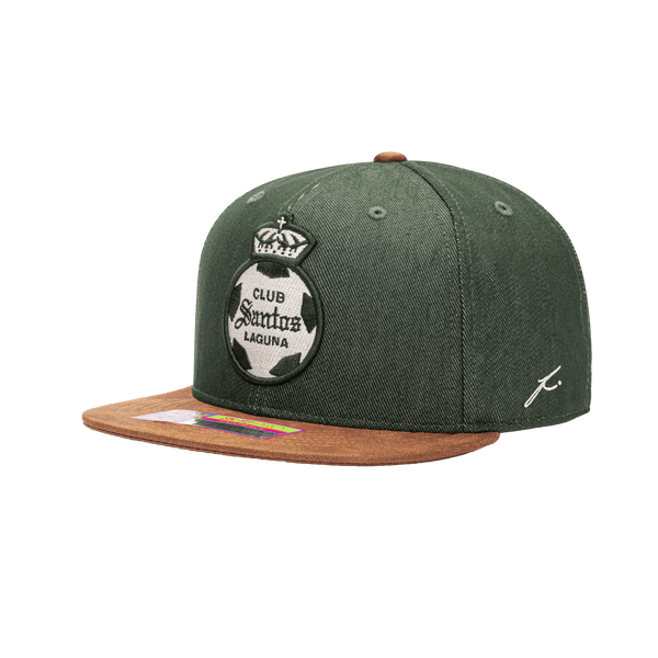 Side view of the Santos Laguna Orion Snapback with high structured crown, flat peak suede-like brim, and snapback closure, in Green/Brown.